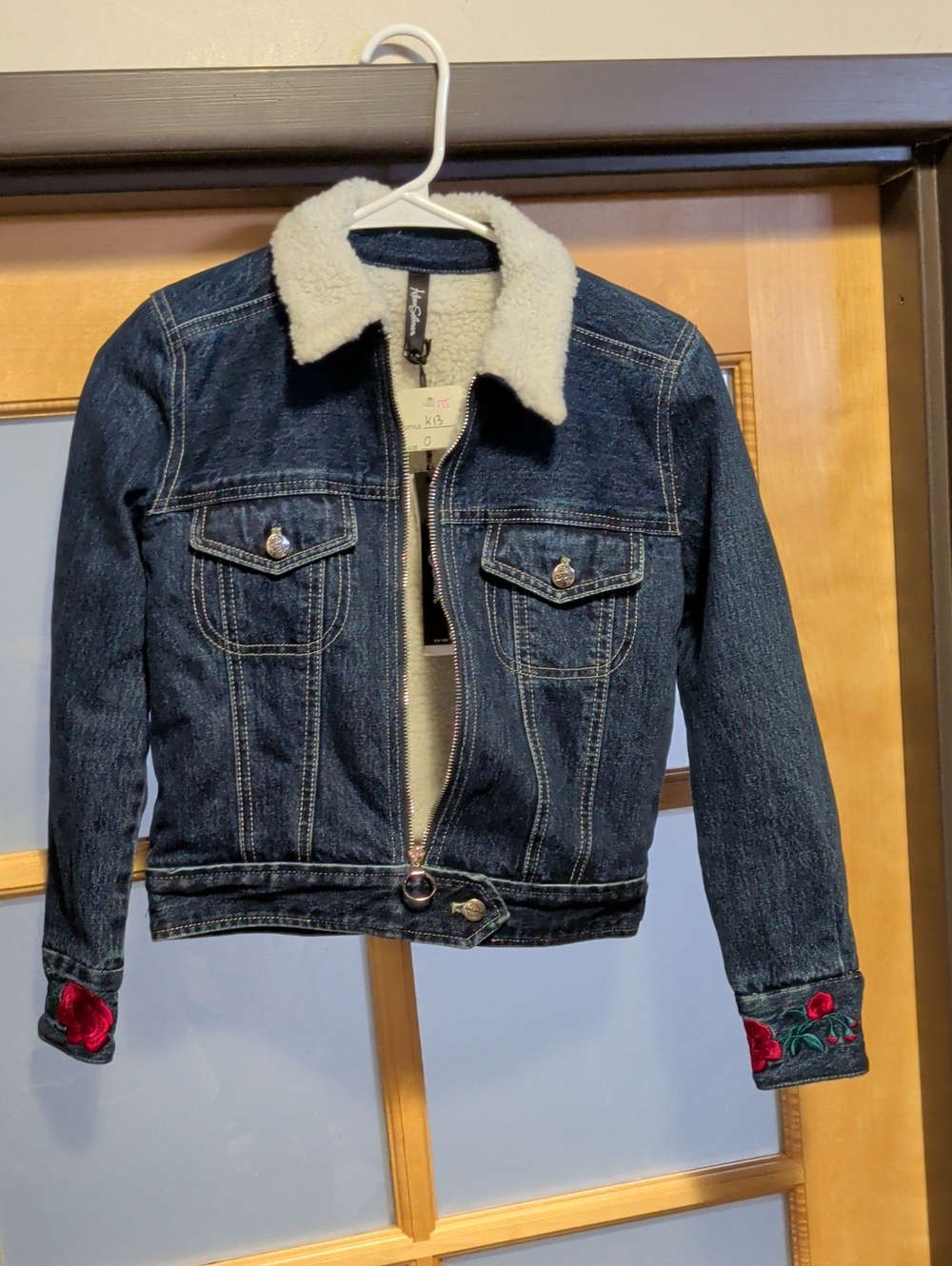 Nwt Adam Selman Dark Blue Denim Sherpa Jacket with Red Rose Embroidery